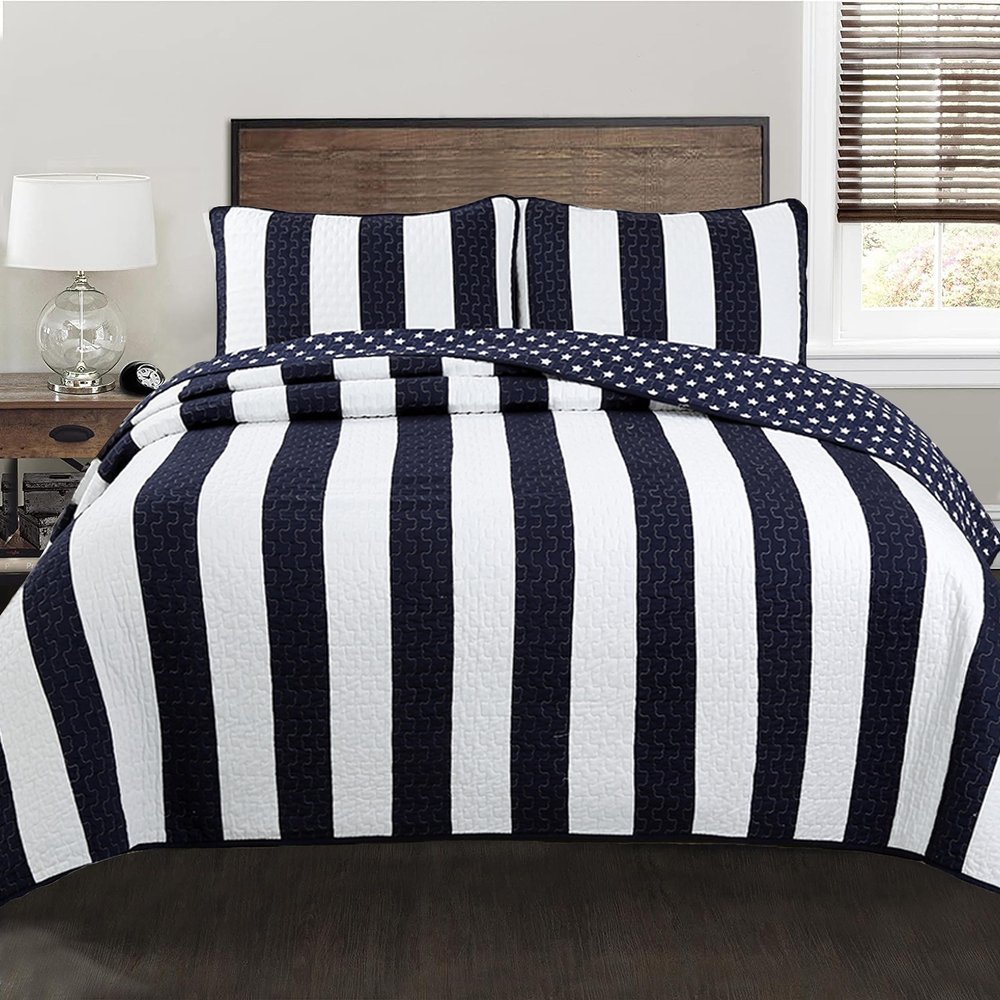 Sailor Star Navy Blue White Striped Pattern 100% Cotton Quilt Bedding Set,Reversible Coverlet,Bedspread for Kids Boy(Popeye 's, Twin - 2 Piece)