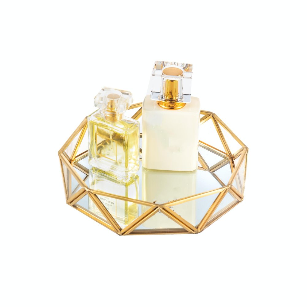 Feyarl Small Gold Glass Perfume Tray Jewelry Trinket Organizer Tray Ornate Vanity Cosmetic Makeup Display Decorative Tray for Home Decor Dresser Tabletop Countertop (7inch)