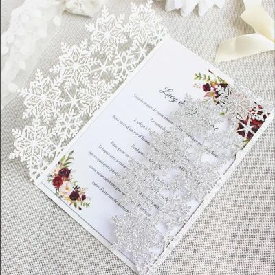 50sets Christmas Snowflake invitations snow Flower Laser Cut Wedding Invitation Card custom white Lace Invites with Envelope & Inner Paper (Gliter Silver), 18*12.5CM