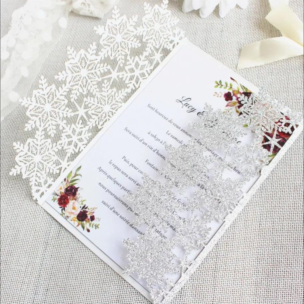 50sets Christmas Snowflake invitations snow Flower Laser Cut Wedding Invitation Card custom white Lace Invites with Envelope & Inner Paper (Gliter Silver), 18*12.5CM