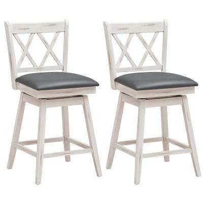 COSTWAY Bar Stool Set of 2, 360 Swivel Counter Height 25inch Bar Stool with Foot Rest Upholstered Cushion & Ergonomic Backrest, Sturdy Frame, for Pub, Kitchen Islands (2, Antique White + Grey)