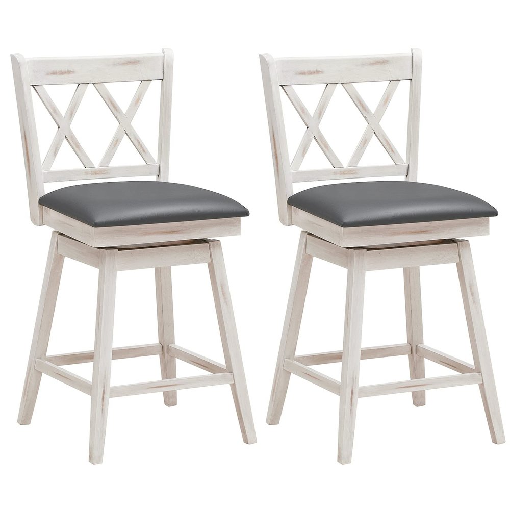 COSTWAY Bar Stool Set of 2, 360 Swivel Counter Height 25inch Bar Stool with Foot Rest Upholstered Cushion & Ergonomic Backrest, Sturdy Frame, for Pub, Kitchen Islands (2, Antique White + Grey)