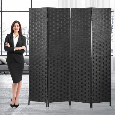 4 Panel Room Divider, Portable Privacy Screen, Wood Mesh Woven Design Room Screen Divider Partition Wall Dividers Wood Free Standing Folding Screen with Double-Weaved Hinges for Home Office, Black