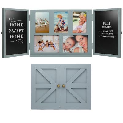 Excello Global Products Barndoor Rustic Wood Collage Picture Frame with 2 Magnetic Chalkboard Doors: Decor for Kitchen, Living Room, Bedroom, Office - Gray