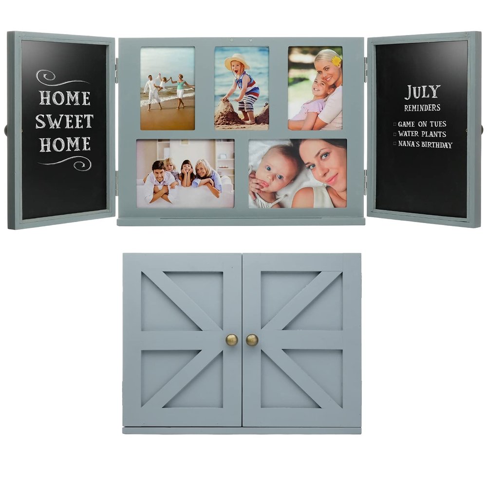 Excello Global Products Barndoor Rustic Wood Collage Picture Frame with 2 Magnetic Chalkboard Doors: Decor for Kitchen, Living Room, Bedroom, Office - Gray