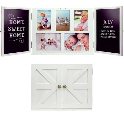 Excello Global Products Barndoor Wood Collage Picture Frame with 2 Magnetic Chalkboard Doors: Decor for Kitchen, Living Room, Bedroom, Office - White