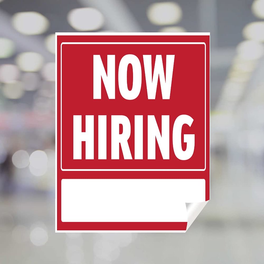 Now Hiring Window Cling, White Static Clings Vinyl, Job Opening Storefront Sign, Easy Peel & Stick Glass Door Decal, Hiring Sign for Retail, Restaurants, Offices (Red, White, 16x20 Inches)