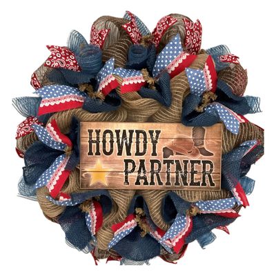 All Occasion Wreath, Luxury Handmade  Howdy Partner Western Welcome Front Door Decor, 24 or 28 Inch