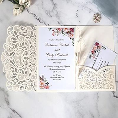 10sets 3D Pop Up Bride And Groom White Wedding Invitation Card Laser Cut Pocket Floral Engagement Invitations with Envelope & Inner Paper (Ivory),18*12.5CM