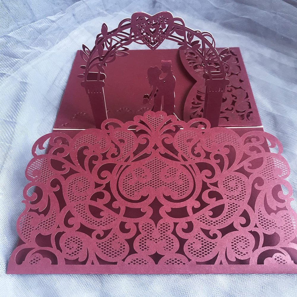 10sets 3D Pop Up Bride And Groom White Wedding Invitation Card Laser Cut Pocket Floral Engagement Invitations with Envelope & Inner Paper (Burgundy),18*12.5CM