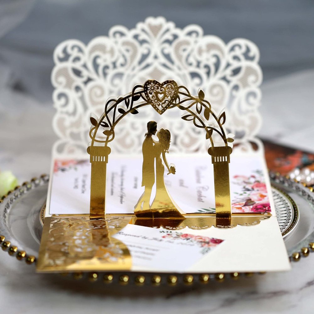 10sets 3D Pop Up Bride And Groom White Wedding Invitation Card Laser Cut Pocket Floral Engagement Invitations with Envelope & Inner Paper (Gold),18*12.5CM