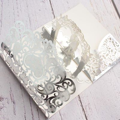 10sets 3D Pop Up Bride And Groom White Wedding Invitation Card Laser Cut Pocket Floral Engagement Invitations with Envelope & Inner Paper (Silver),18*12.5CM