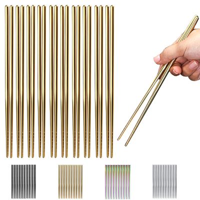 10 Pairs Reusable Chopsticks, Titanium Gold Plating Stainless Steel Metal Chop Sticks, Japanese Chinese Korean Chopstick Dishwasher Safe, 8.9 Inch (Gold / Chop sticks)
