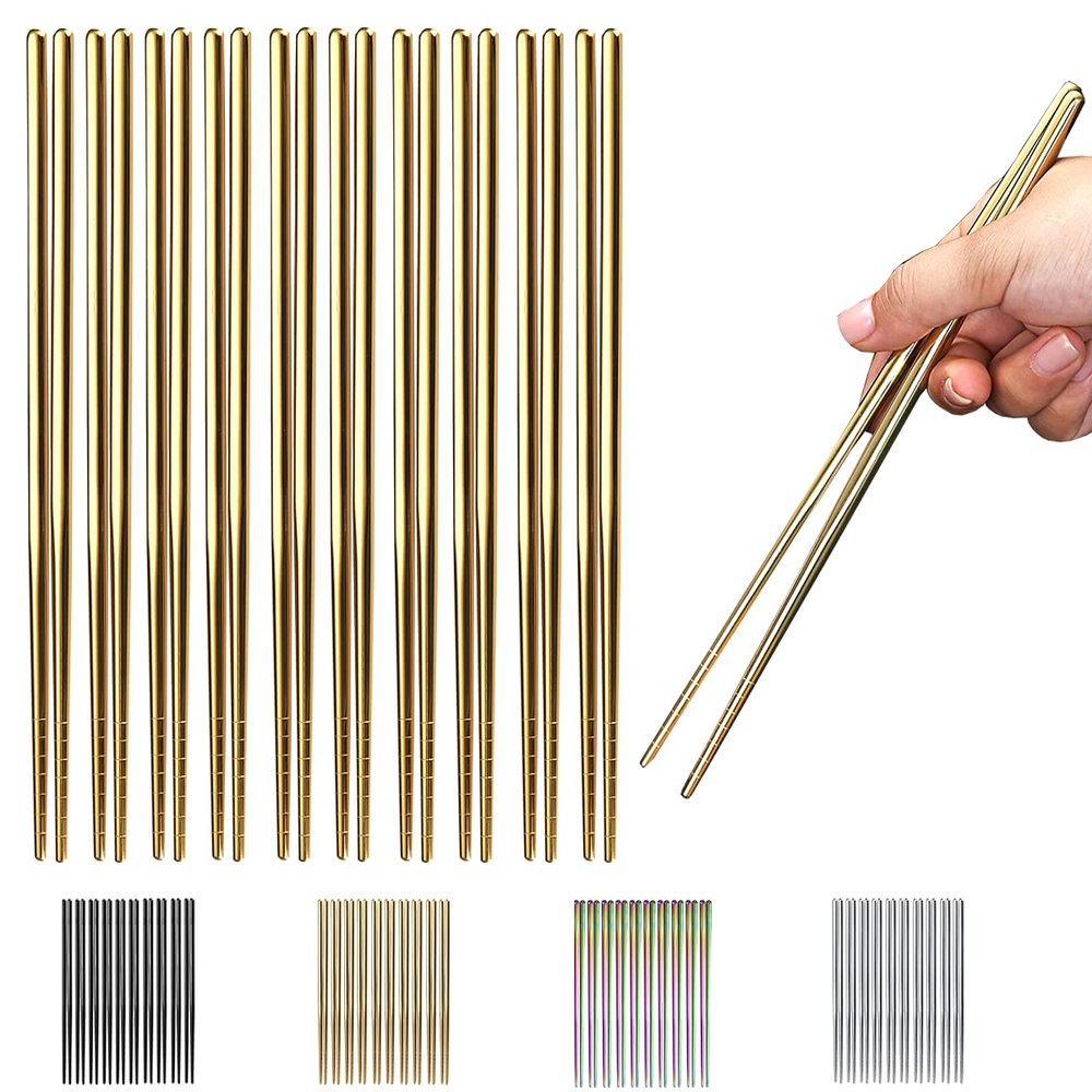 10 Pairs Reusable Chopsticks, Titanium Gold Plating Stainless Steel Metal Chop Sticks, Japanese Chinese Korean Chopstick Dishwasher Safe, 8.9 Inch (Gold / Chop sticks)