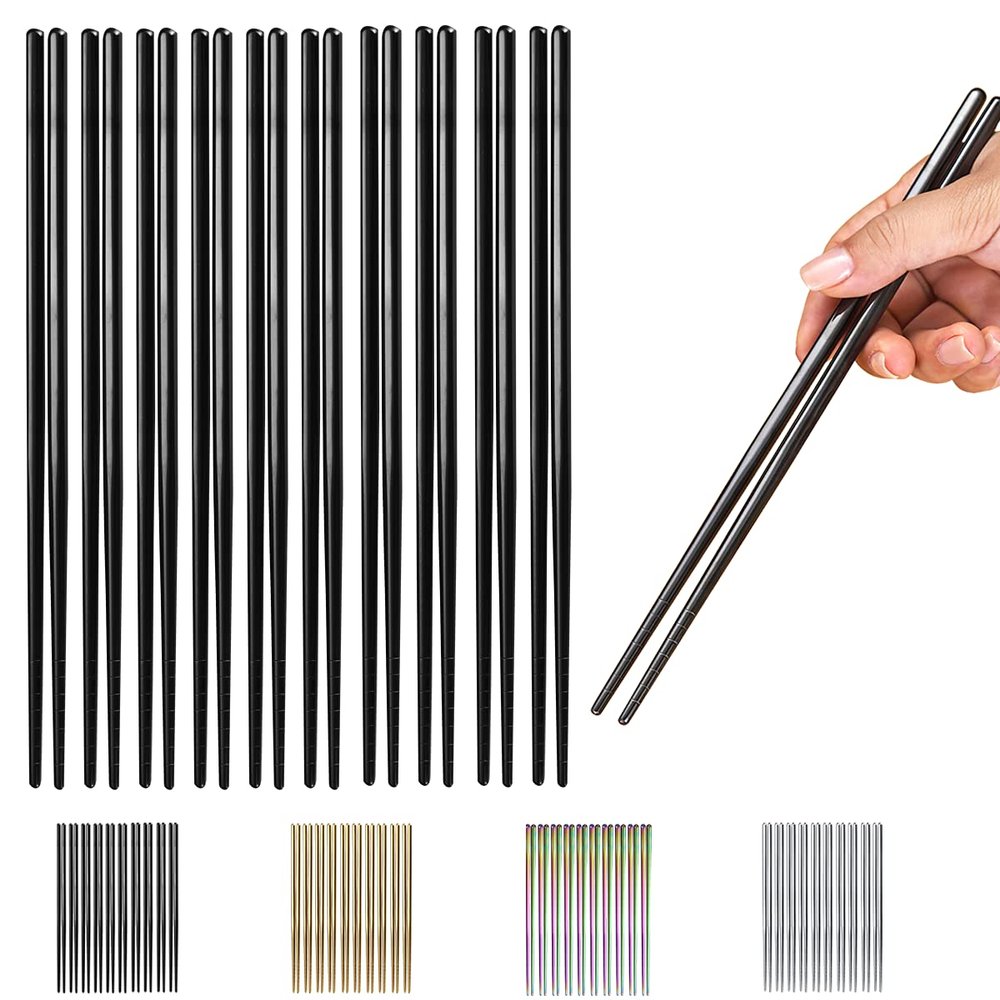 10 Pairs Reusable Chopsticks, Titanium Black Plating Stainless Steel Metal Chop Sticks, Japanese Chinese Korean Chopstick Dishwasher Safe, 8.9 Inch (Black / Chop sticks)