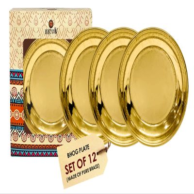 Craftsman SATVIK Set of 12 Pieces Pure Brass Pujan Prasad Bhog Thali Mandir Temple Indian Hindu Rituals Diwali Festive Kahnaji Bhog Puja Plate