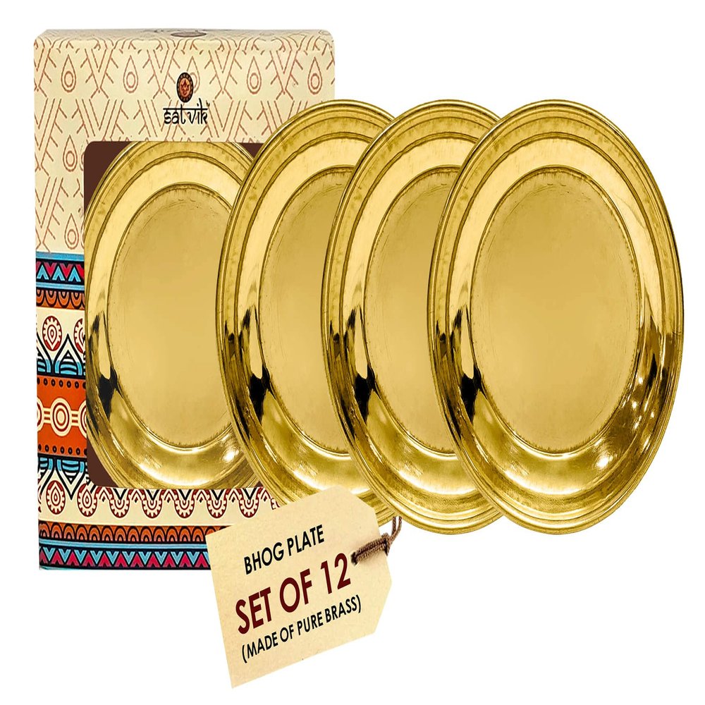 Craftsman SATVIK Set of 12 Pieces Pure Brass Pujan Prasad Bhog Thali Mandir Temple Indian Hindu Rituals Diwali Festive Kahnaji Bhog Puja Plate
