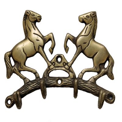 BHARAT HAAT Brass Hanging Key Holder Wall Stand Hanger with Horse Design 4 Hooks Medium Size Traditional Carving Work Home Decor Showpiece Handicraft Art (6 x 1.3 x 3.5 inch,Yellow)