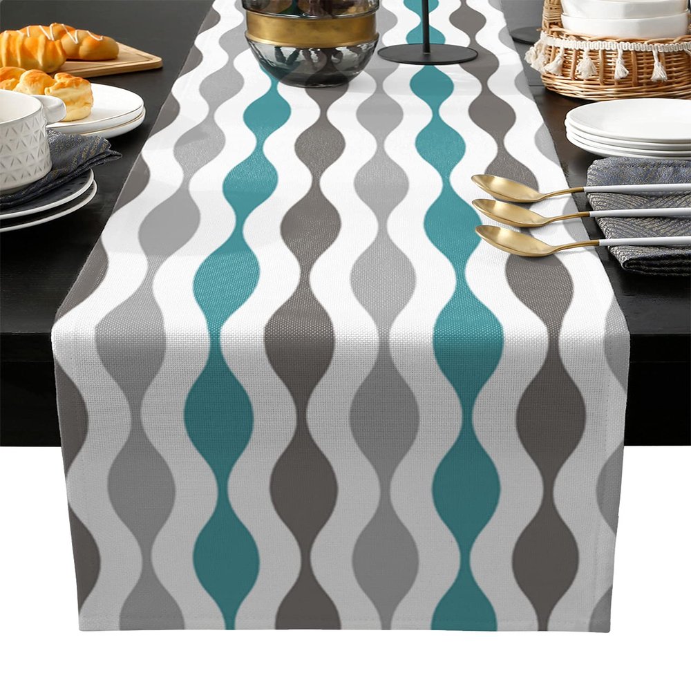 Edwiinsa Cotton Linen Table Runners 13 x 70inch, Cyan and Turquoise Middle Century Geometric Pattern Non-Slip Table Top Decor Bed Runners for Kitchen/Farmhouse/Hotel All Season Use, 70inches Long