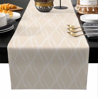 Edwiinsa Cotton Linen Table Runners 13 x 120inch, Brown Tan Quatrefoil Water Wave Texture Non-Slip Table Top Decor Bed Runners for Kitchen/Farmhouse/Hotel All Season Use, 120inches Long