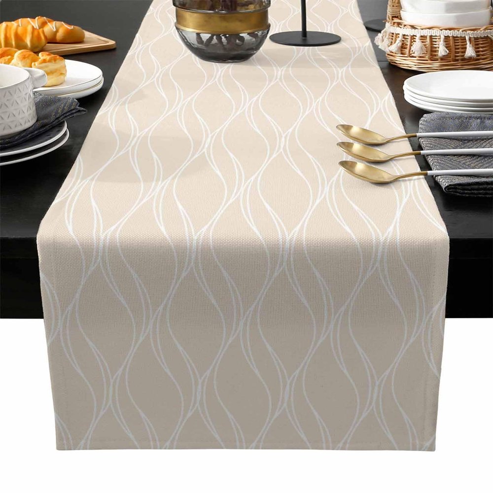 Edwiinsa Cotton Linen Table Runners 13 x 120inch, Brown Tan Quatrefoil Water Wave Texture Non-Slip Table Top Decor Bed Runners for Kitchen/Farmhouse/Hotel All Season Use, 120inches Long