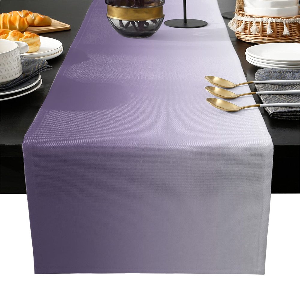 Edwiinsa Cotton Linen Table Runners 13 x 120inch, Ombre Non-Slip Table Top Decor Bed Runners for Kitchen/Farmhouse/Hotel All Season Use, Gradient Purple 120inches Long