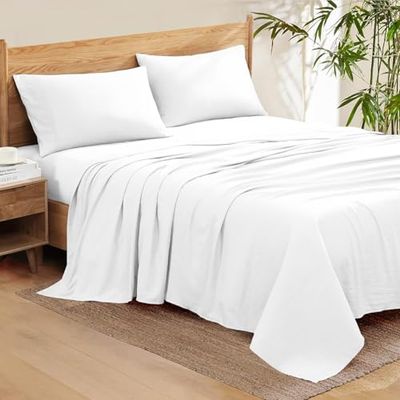 Supima ELS Cotton 550-Thread-Count 4-PCs Sheet Set Fits Mattress 15-18'' Fully Elastic Deep Pocket (Emperor Size) Extra Long Staple (Solid, White)