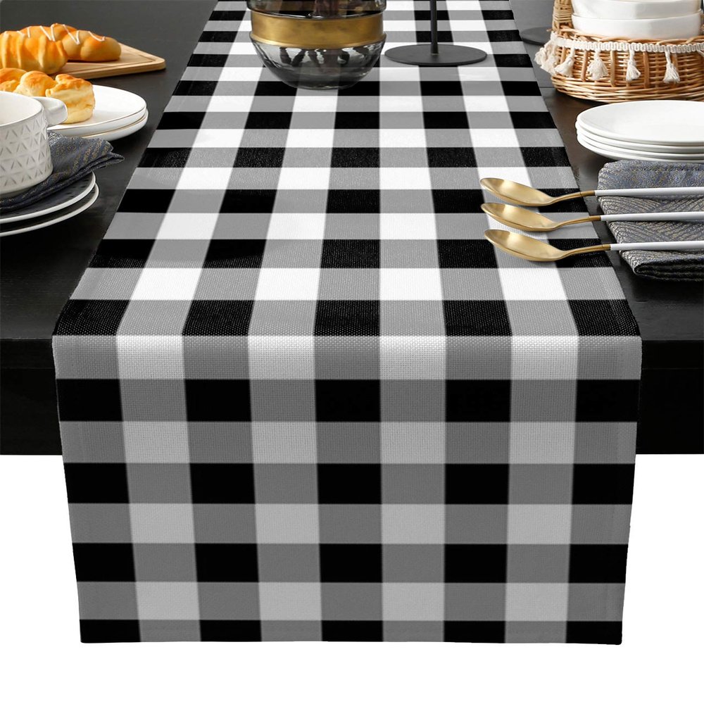 Edwiinsa Cotton Linen Table Runners 13 x 120inch, Black and White Buffalo Check Non-Slip Table Top Decor Bed Runners for Kitchen/Farmhouse/Hotel All Season Use, 120inches Long