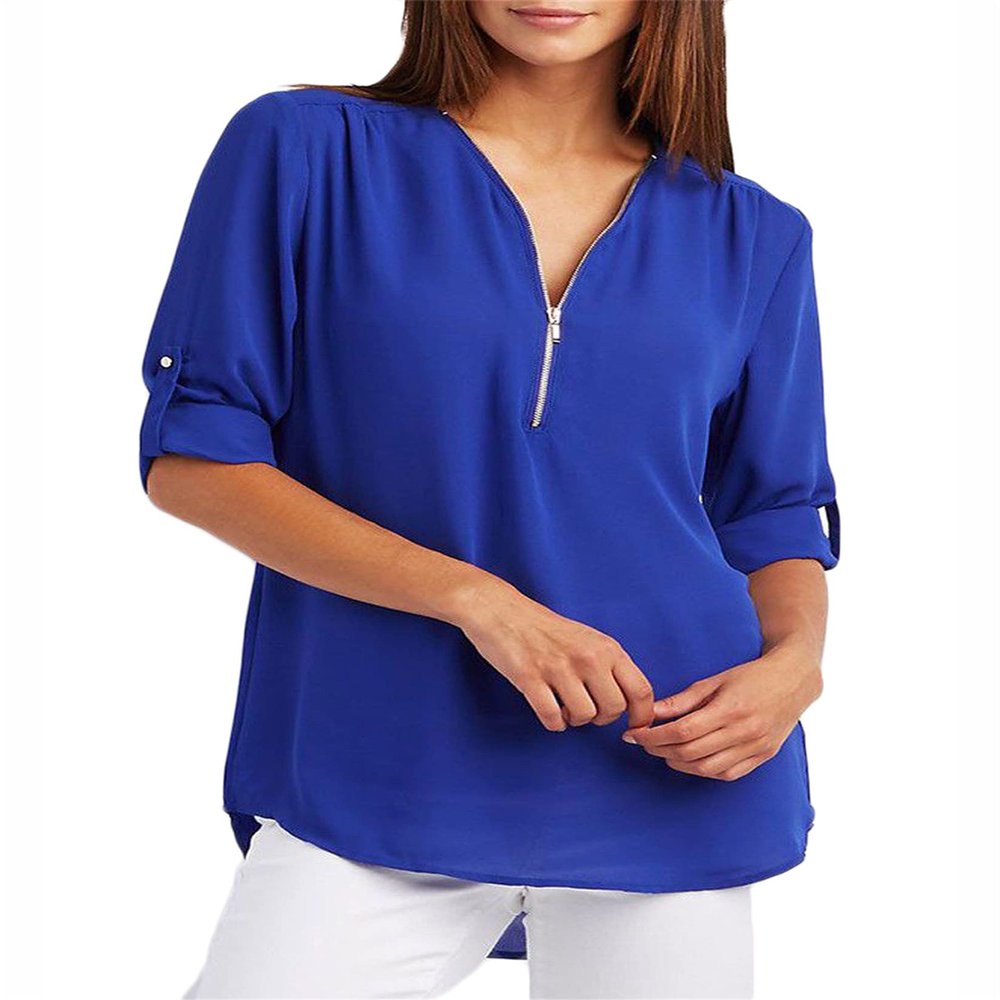 Andongnywell Women's V-neck zipper long sleeve pull sleeve loose chiffon shirts Tops Blouse T-Shirt (Blue1,6,3X-Large)