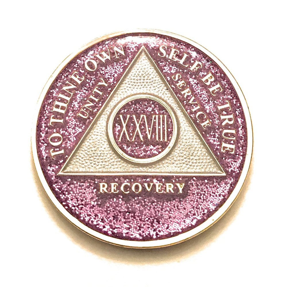28 Year AA, Lavender, Purple, Bling, Glitter, Medallion, Bling, Chip, Coin, Token