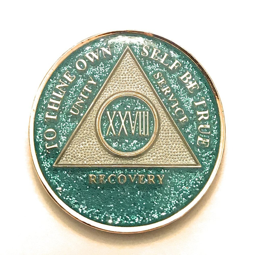 28 Year AA, Aqua, Turquoise, Blue, Bling, Glitter, Medallion, Bling, Chip, Coin, Token