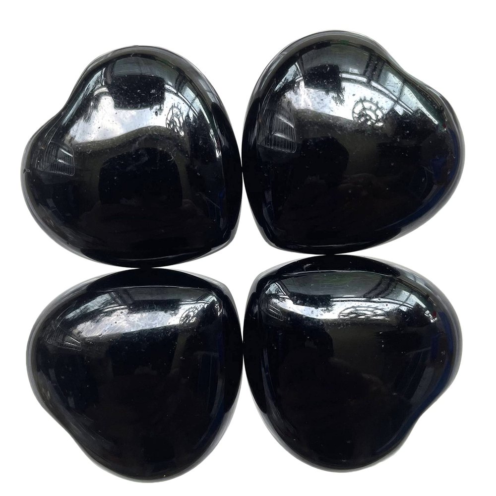 Fekuar 4Pcs Natural Black Obsidian Crystal Heart Pocket Stone Set, Polished Palm Love Healing Therapy Chakra Balancing 1.2 inches (30mm)