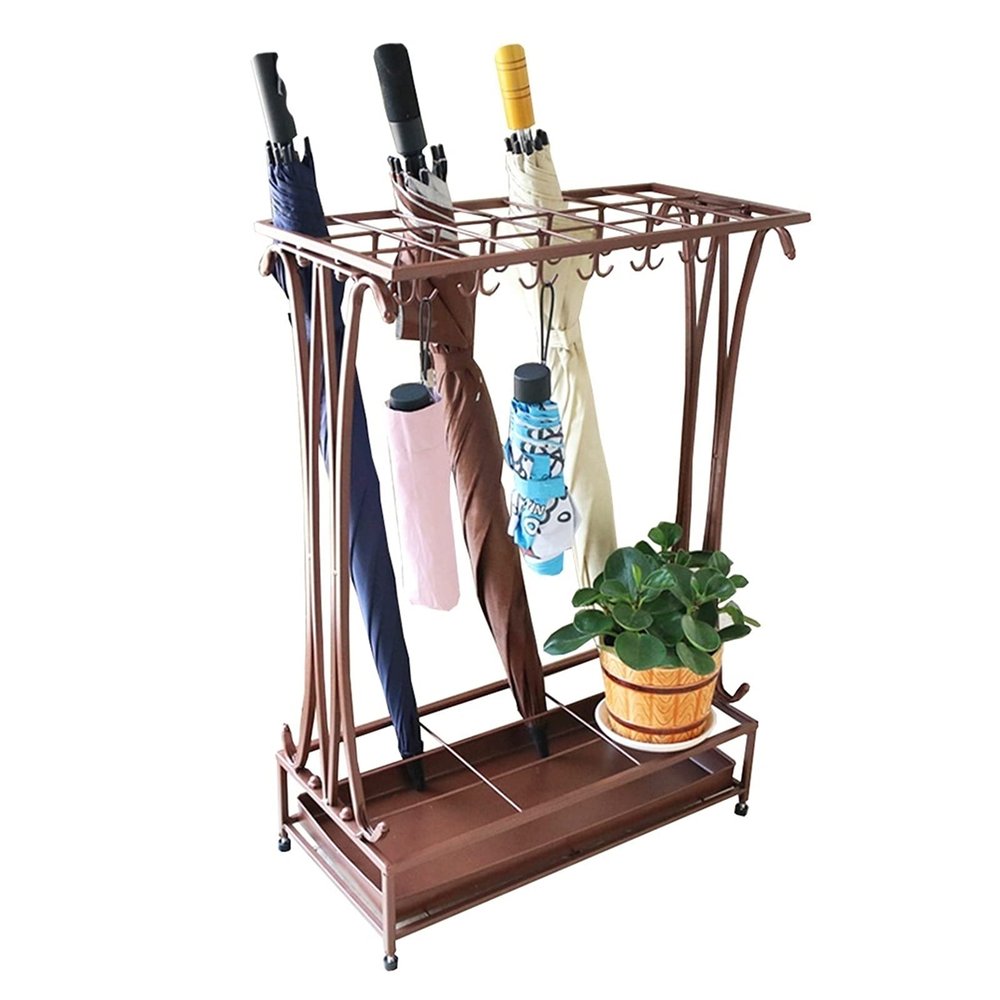 Umbrella Racks Brown Commercial Umbrella Stand Holder, Large Capacity Umbrella Basket That Can Hold 18-68 Umbrellas, for Hotel Office School Cafe (Size : 21 Holes 24 Hooks)
