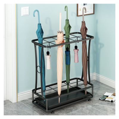 Umbrella Racks Black Commercial Metal Umbrella Stand Holder, Entrance Umbrella Basket with Hook and Movable Drip Tray, Can Hold 18-45 Umbrellas (Size : 10 Holes 8 Hooks)