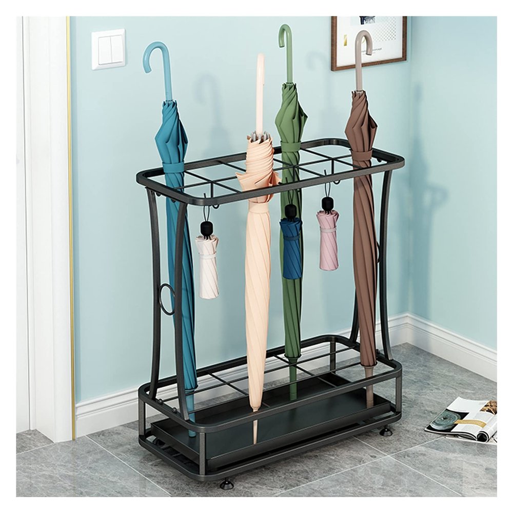 Umbrella Racks Black Commercial Metal Umbrella Stand Holder, Entrance Umbrella Basket with Hook and Movable Drip Tray, Can Hold 18-45 Umbrellas (Size : 10 Holes 8 Hooks)