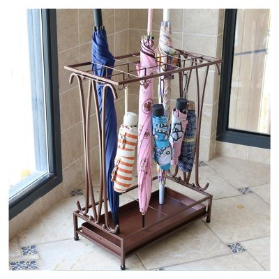 Umbrella Racks Hotel Commercial Umbrella Stand Holder, Large Capacity Umbrella Basket with Hook and Drip Tray, Can Hold 18-68 Umbrellas (Color : Brown, Size : 18 Holes 10 Hooks)