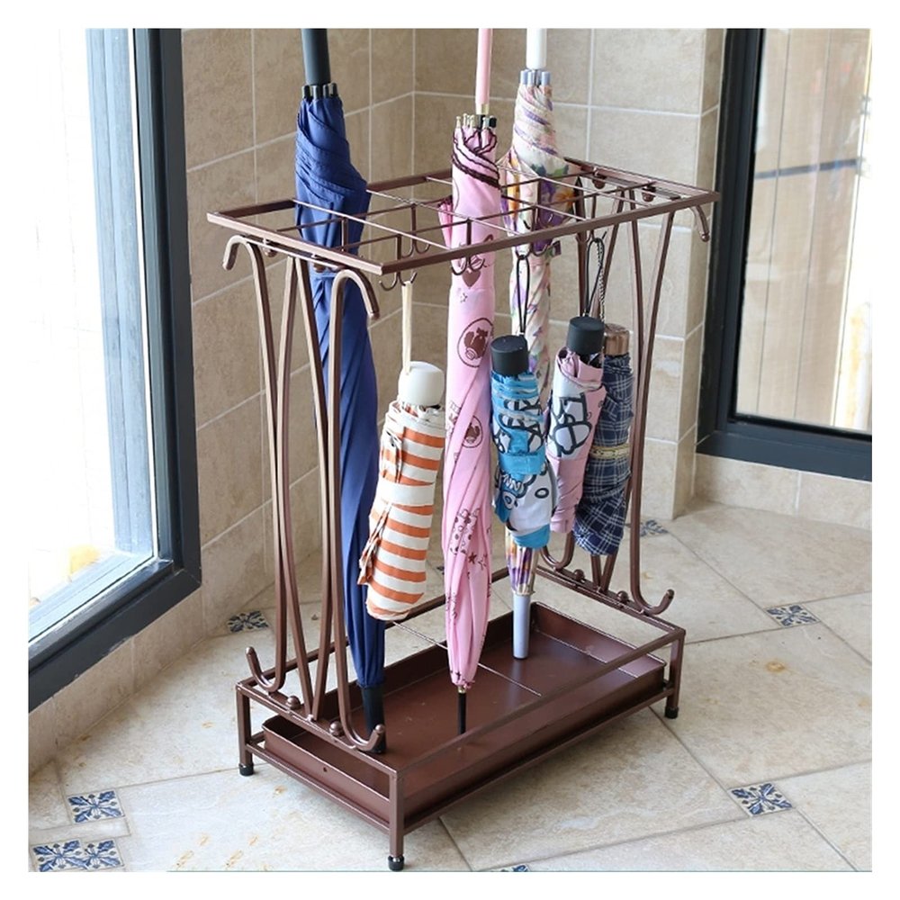 Umbrella Racks Hotel Commercial Umbrella Stand Holder, Large Capacity Umbrella Basket with Hook and Drip Tray, Can Hold 18-68 Umbrellas (Color : Brown, Size : 18 Holes 10 Hooks)