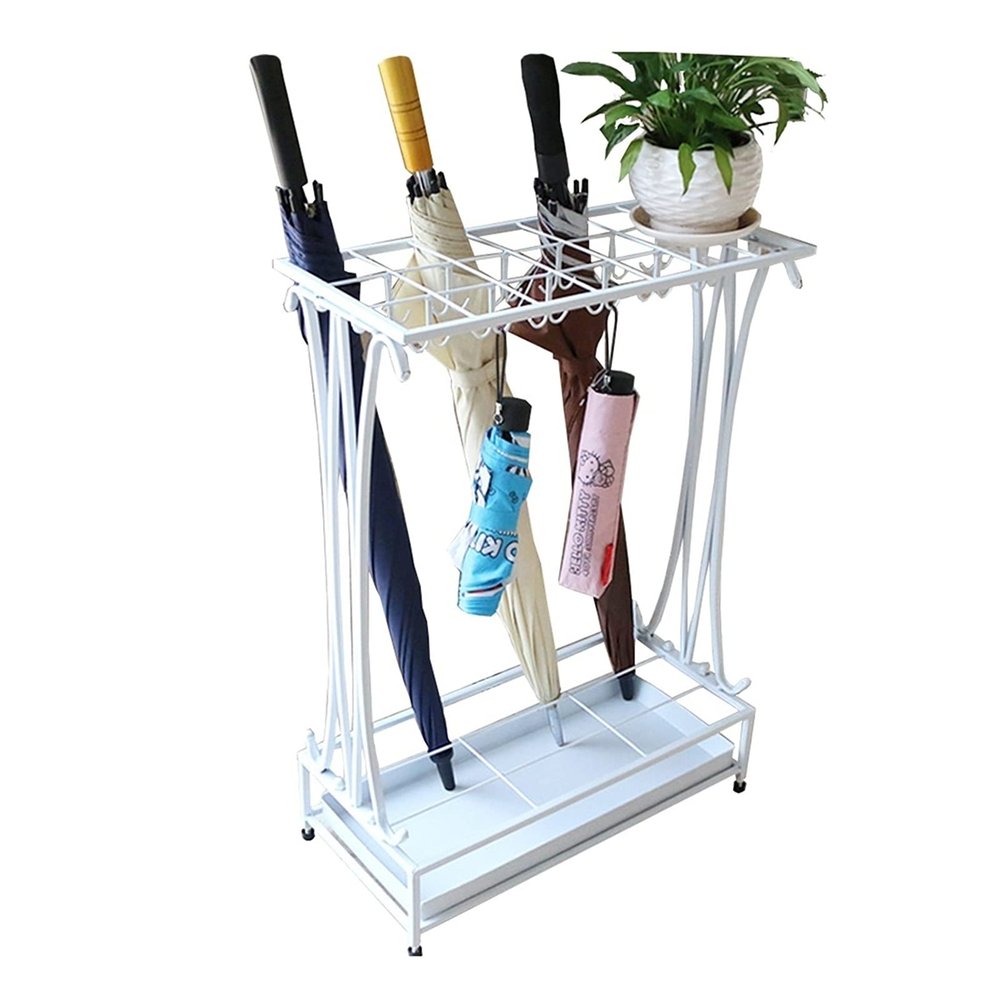 Umbrella Racks White Metal Umbrella Stand Holder, Can Hold 18-68 Umbrellas, Hotel Office School Entrance Umbrella Basket, Mobile Drip Tray (Size : 21 Holes 24 Hooks)