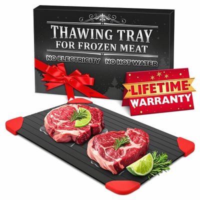 Natural Thaw Defrosting Tray for Frozen Meat - 14"x8" High Thermal Conductivity Thawing Tray for Frozen Meat with Silicone Corners, Hanging Hole - Non Stick Aluminum Thawing Plate for Fast Defrosting