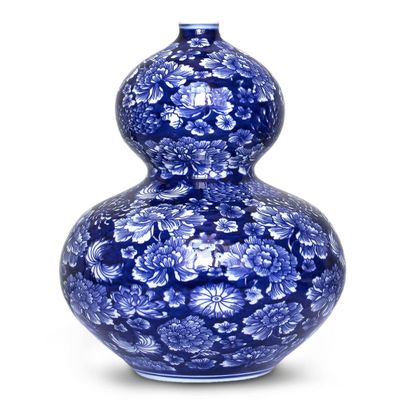 Dahlia Blue and White Vase, Handmade Chinese Porcelain Flower Vase, Peony, Gourd Shape 13.5 Inches