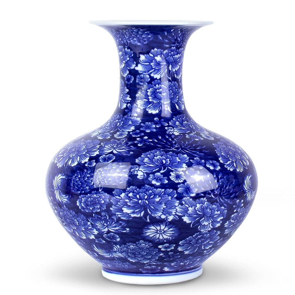 Dahlia Blue and White Vase, Handmade Chinese Porcelain Flower Vase, Peony, Chinese Bottle Shape 14 Inches