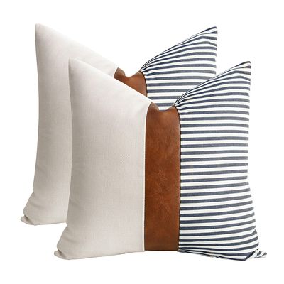 20x20 Pillow Covers Set of 2 Farmhouse Decor Stripe Patchwork Linen Throw Pillow Covers Modern Faux Leather Covers for Couch Sofa,Navy Blue