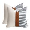 20x20 Pillow Covers Set of 2 Farmhouse Decor Stripe Patchwork Linen Throw Pillow Covers Modern Faux Leather Covers for Couch Sofa,Navy Blue view 1