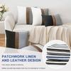 20x20 Pillow Covers Set of 2 Farmhouse Decor Stripe Patchwork Linen Throw Pillow Covers Modern Faux Leather Covers for Couch Sofa, Gray view 3