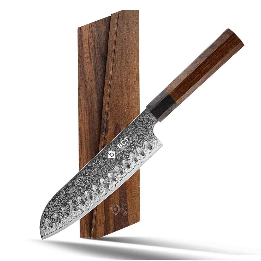 BGT Kiritsuke Knife, 8 inch Japanese Chef Knife, Japanese 67 Layer VG-10 Damascus Steel Kitchen Knife with Ebony Wood Handle and Gift Box. (Santoku knife)
