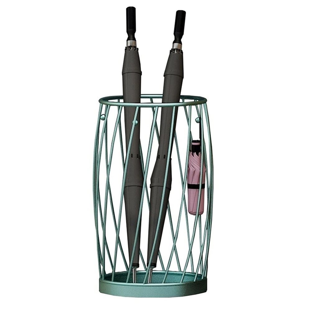 Umbrella Racks Modern Metal Umbrella Stand Holder, Space-Saving cue Stick Umbrella Storage Basket with 4 Hooks, Waterproof and rustproof (Color : Blue)