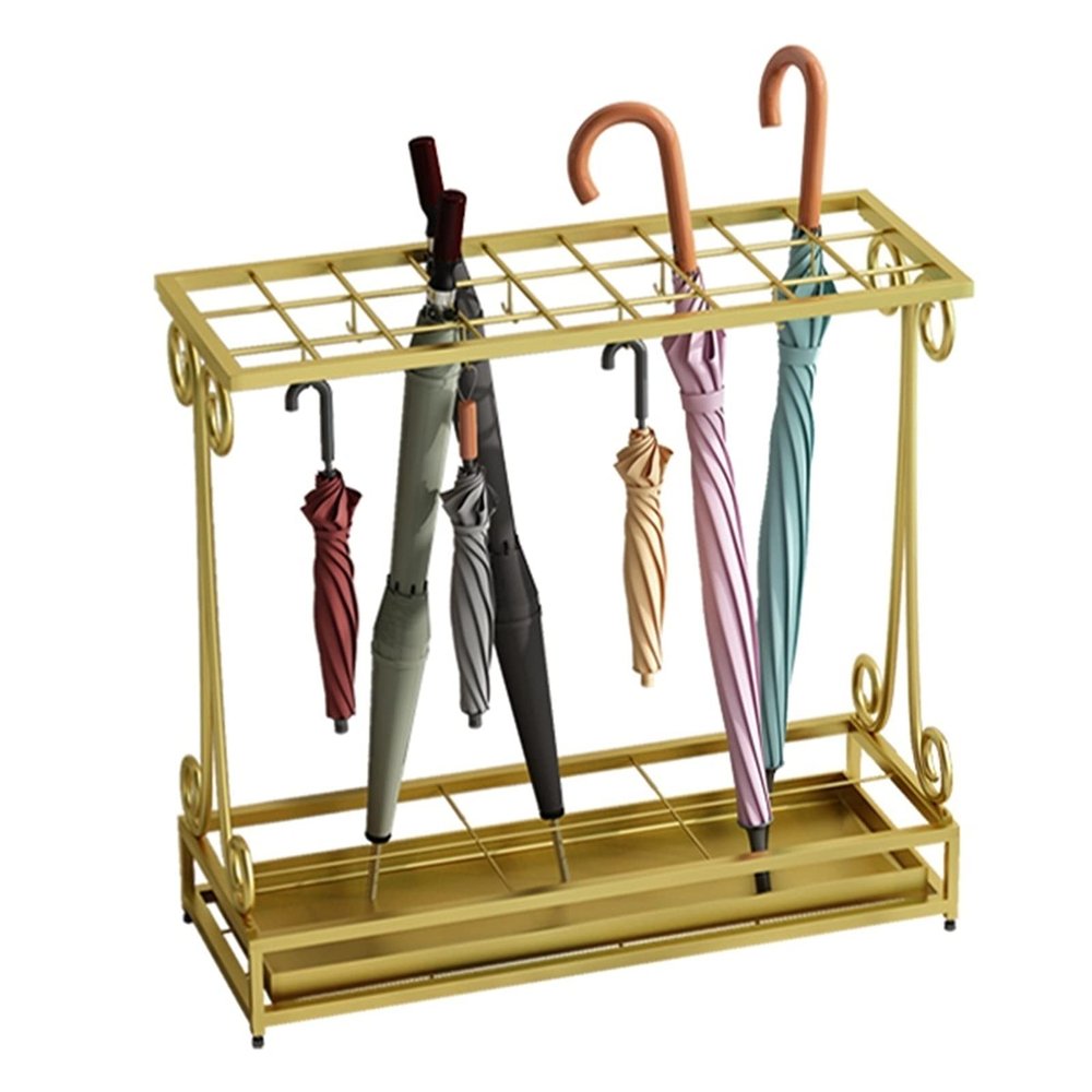 Umbrella Racks Gold Black Metal Umbrella Stand Holder, Large-Capacity Cane Cue Storage Rack, with Detachable Drip Tray, Used in Hotels Banks Schools, Easy to Assemble