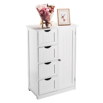 Holyfly Bathroom Floor Cabinet, Free Standing Storage Cabinet with 4-Drawer Single Door Adjustable Shelf, Wooden Storage Organizer Side Cabinet for Bathroom, Living Room, Kitchen
