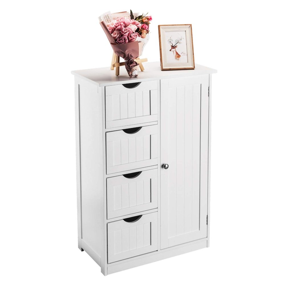 Holyfly Bathroom Floor Cabinet, Free Standing Storage Cabinet with 4-Drawer Single Door Adjustable Shelf, Wooden Storage Organizer Side Cabinet for Bathroom, Living Room, Kitchen