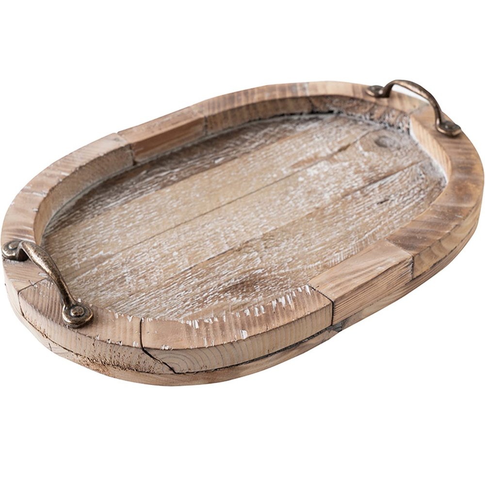 BOOMLATU Modern Oval Wood Tray, Rustic Distressed Brown with Gold Handles, 18 inch Decorative Trays for Home Decor